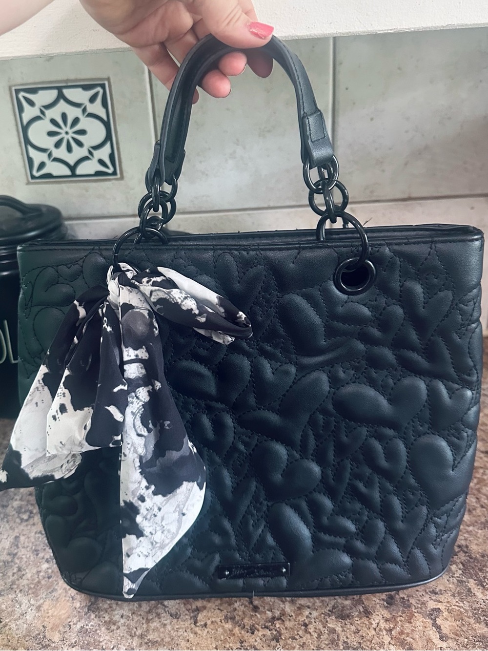 Black Quilted Tote Handbag with Scarf Accent - Women Bags betsey johnson